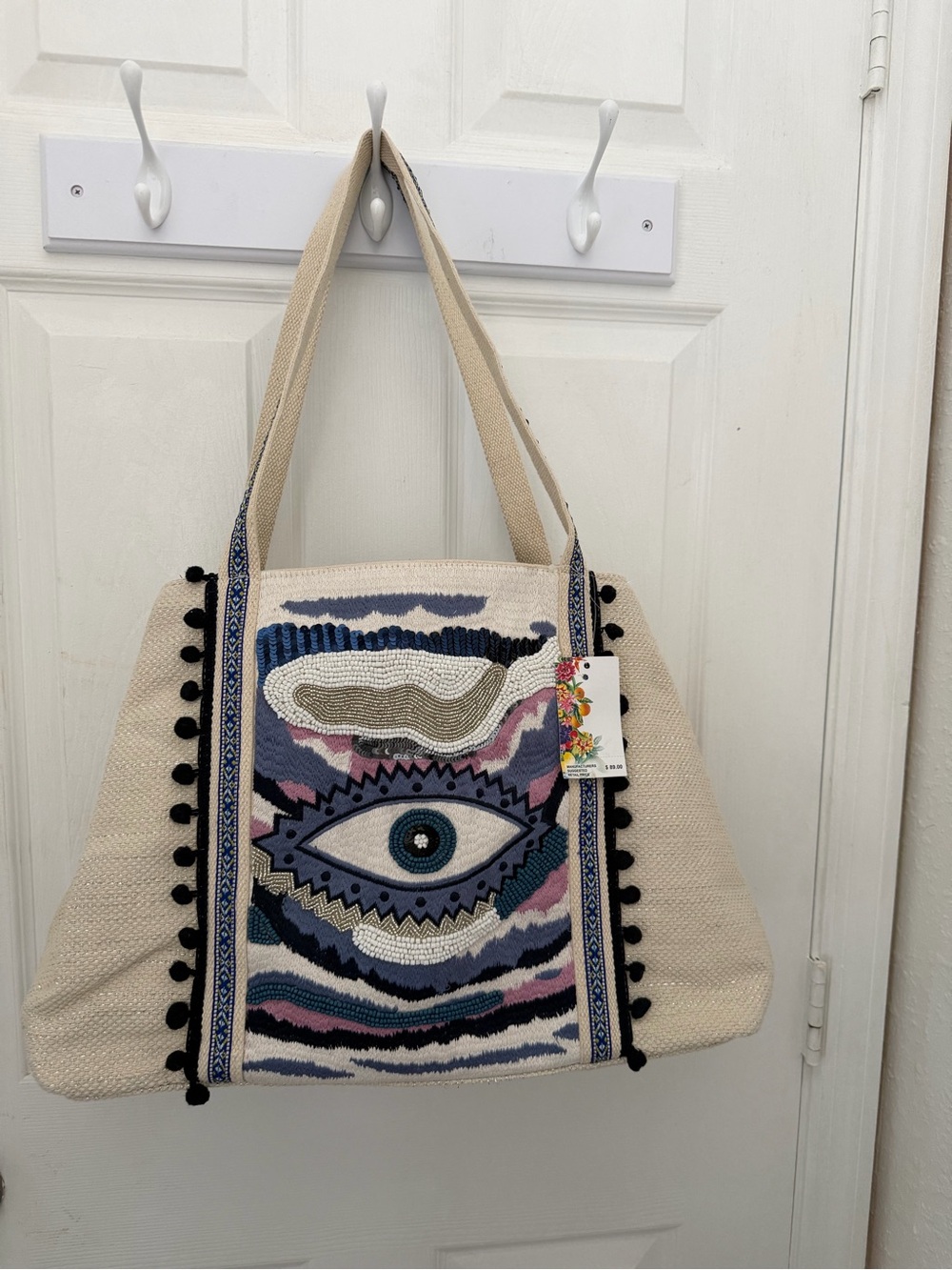 Source Unknown Cream Tote with Blue and Pink Eye Embroidery